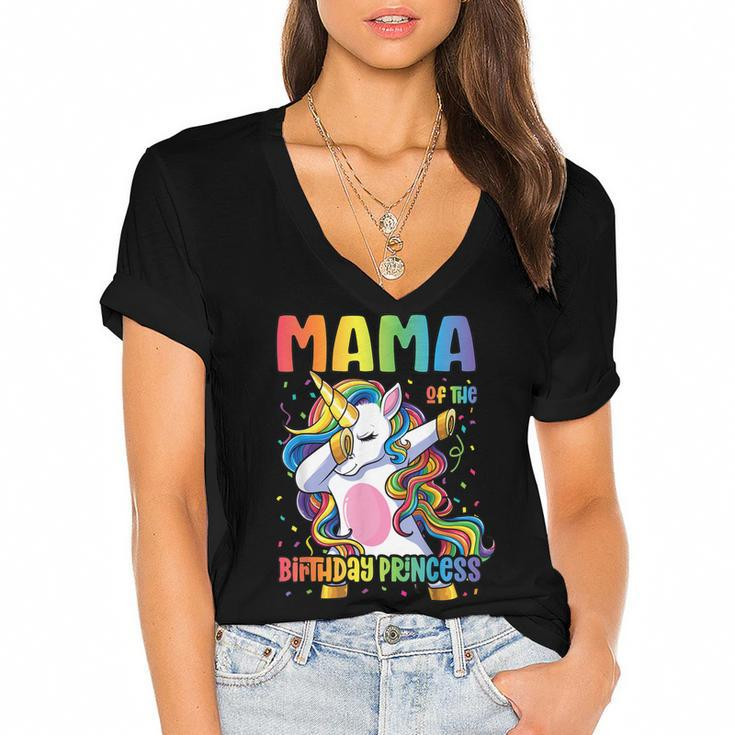 Mama Of The Birthday Princess Mom Dabbing Unicorn Girl  Women's Jersey Short Sleeve Deep V-Neck Tshirt