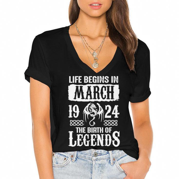 March 1924 Birthday   Life Begins In March 1924 Women's Jersey Short Sleeve Deep V-Neck Tshirt
