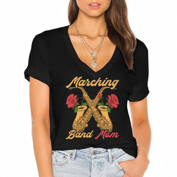Marching Band Mom Saxophonist Jazz Music Saxophone Women's Jersey Short Sleeve Deep V-Neck Tshirt