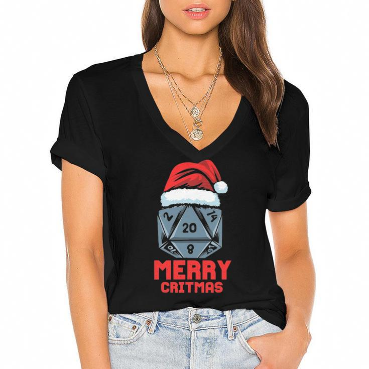 Merry Critmas D20 Tabletop Rpg Gamer - Funny Christmas Women's Jersey Short Sleeve Deep V-Neck Tshirt