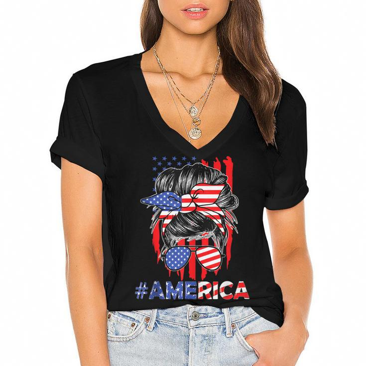 Mom Life Messy Bun America Flag Mothers Day Gift 4Th Of July  Women's Jersey Short Sleeve Deep V-Neck Tshirt