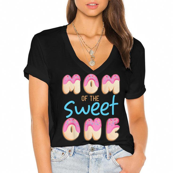 Mom Of Sweet One First Birthday Party Matching Family Donut  Women's Jersey Short Sleeve Deep V-Neck Tshirt