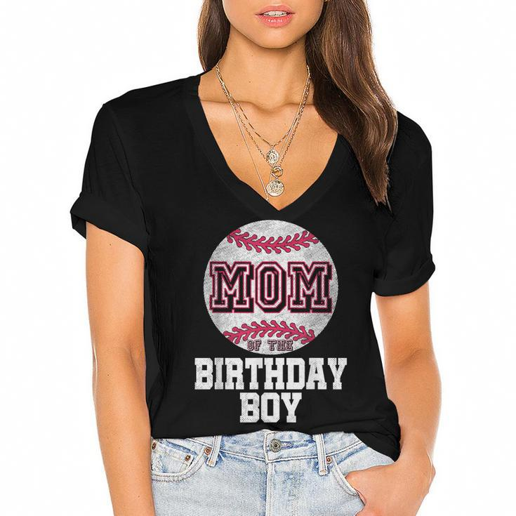Mom Of The Birthday Boy Baseball Player Vintage Retro  Women's Jersey Short Sleeve Deep V-Neck Tshirt