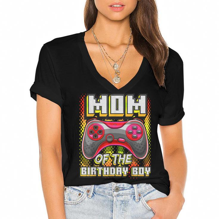 Mom Of The Birthday Boy Matching Video Gamer Birthday Party  Women's Jersey Short Sleeve Deep V-Neck Tshirt