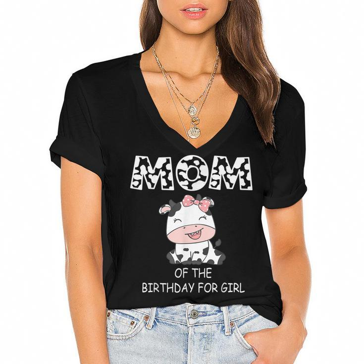 Mom Of The Birthday For Girl Cow Farm First Birthday Cow  Women's Jersey Short Sleeve Deep V-Neck Tshirt