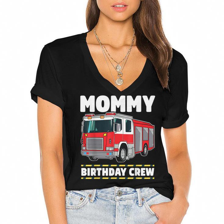 Mommy Birthday Crew Fire Truck Firefighter Mom Mama  Women's Jersey Short Sleeve Deep V-Neck Tshirt