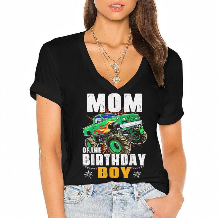 Monster Truck Family Matching Party Mom Of The Birthday Boy  Women's Jersey Short Sleeve Deep V-Neck Tshirt