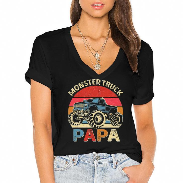 Monster Truck Papa Matching Family Birthday Party Women's Jersey Short Sleeve Deep V-Neck Tshirt