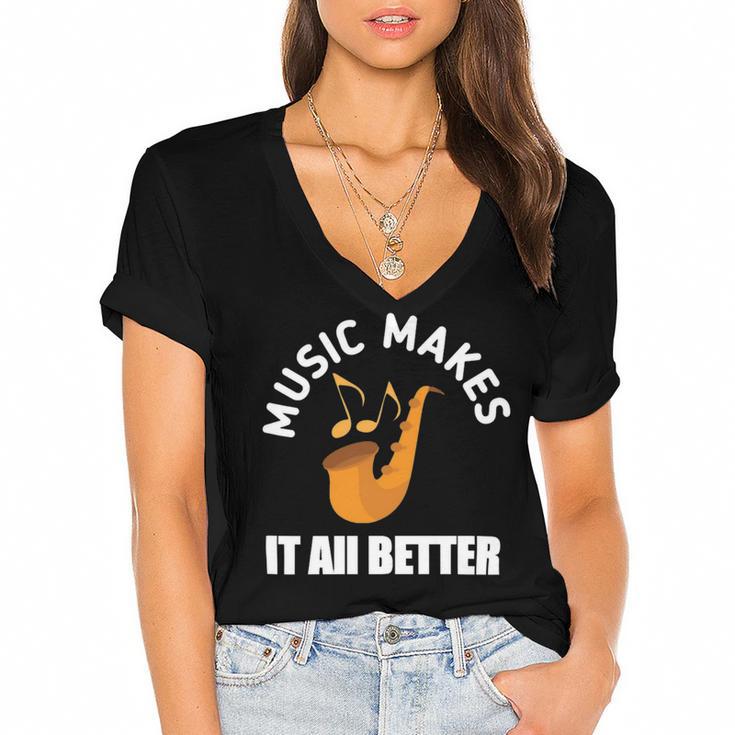 Music Makes It All Better 761 Shirt Women's Jersey Short Sleeve Deep V-Neck Tshirt