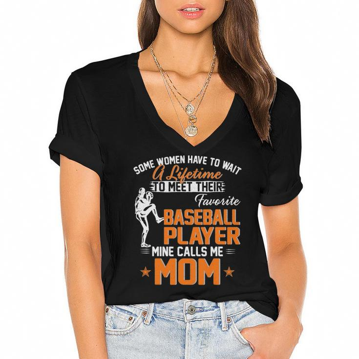 My Favorite Baseball Player Calls Me Mom Gift For Mother Women's Jersey Short Sleeve Deep V-Neck Tshirt