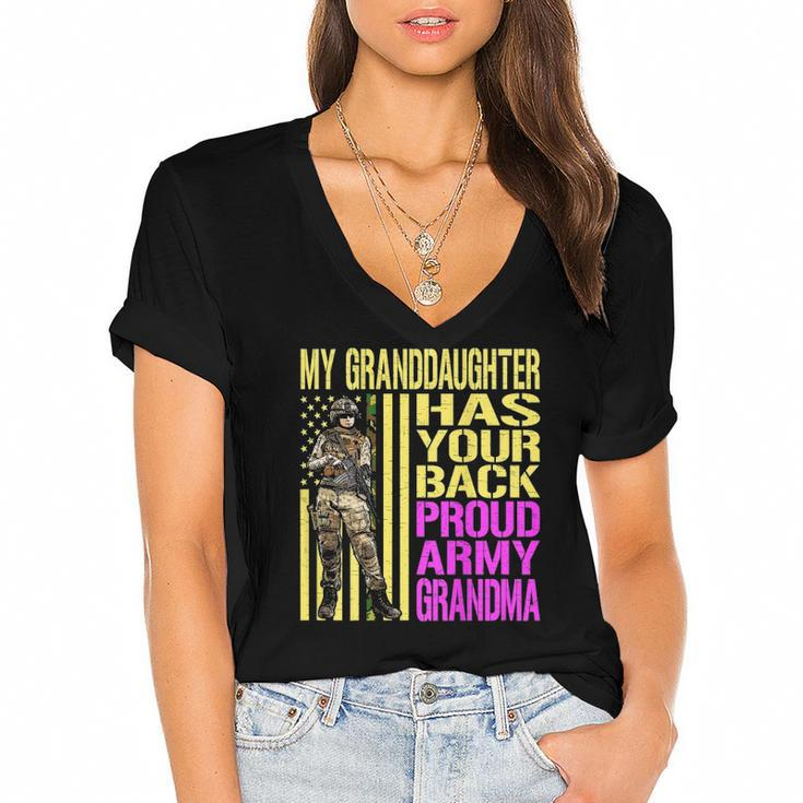 My Granddaughter Has Your Back Proud Army Grandma Military Women's Jersey Short Sleeve Deep V-Neck Tshirt