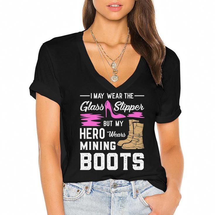 My Hero Wears Mining Boots Coal Miner Gift Wife Women's Jersey Short Sleeve Deep V-Neck Tshirt