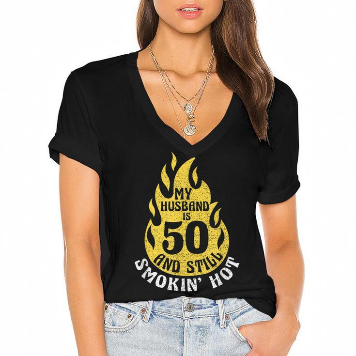 My Husband Is 50 And Still Smokin Hot Funny 50Th Birthday  Women's Jersey Short Sleeve Deep V-Neck Tshirt