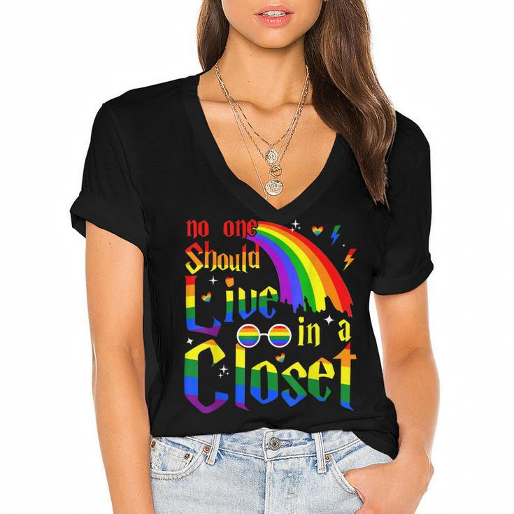 No One Should Live In A Closet Lgbt-Q Gay Pride Proud Ally  Women's Jersey Short Sleeve Deep V-Neck Tshirt