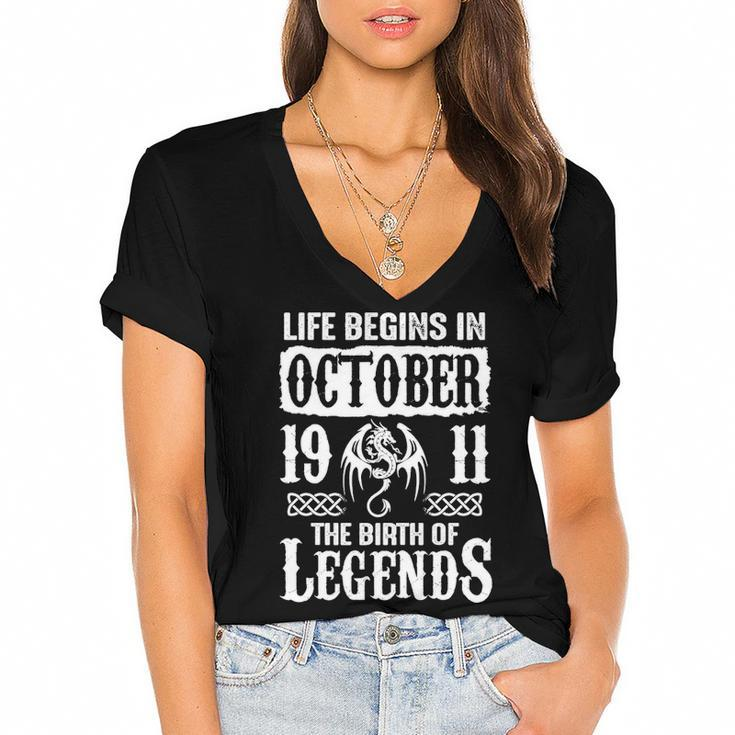 October 1911 Birthday Life Begins In October 1911 Women's Jersey Short Sleeve Deep V-Neck Tshirt