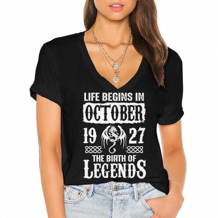 October 1927 Birthday   Life Begins In October 1927 Women's Jersey Short Sleeve Deep V-Neck Tshirt