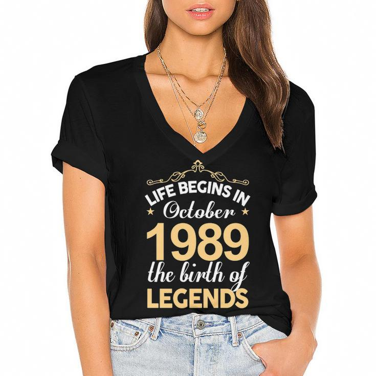 October 1989 Birthday   Life Begins In October 1989 V2 Women's Jersey Short Sleeve Deep V-Neck Tshirt