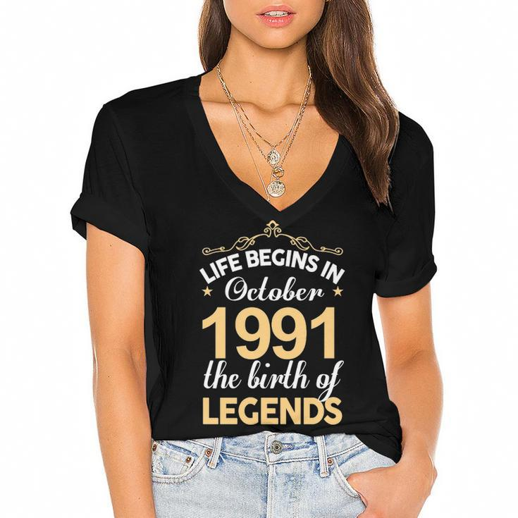 October 1991 Birthday   Life Begins In October 1991 V2 Women's Jersey Short Sleeve Deep V-Neck Tshirt