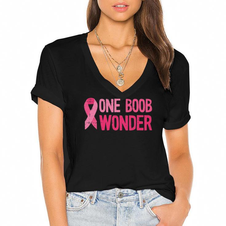One Boob Wonder - Pink Ribbon Survivor Breast Cancer Women's Jersey Short Sleeve Deep V-Neck Tshirt