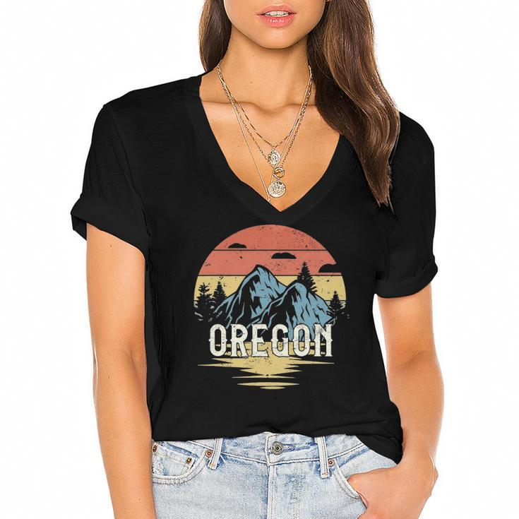 Oregon Mountains Retro Vintage Sunset Women's Jersey Short Sleeve Deep V-Neck Tshirt