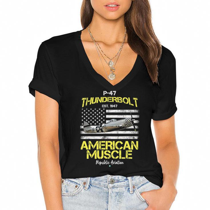 P-47 Thunderbolt Wwii Airplane American Muscle Gift Women's Jersey Short Sleeve Deep V-Neck Tshirt