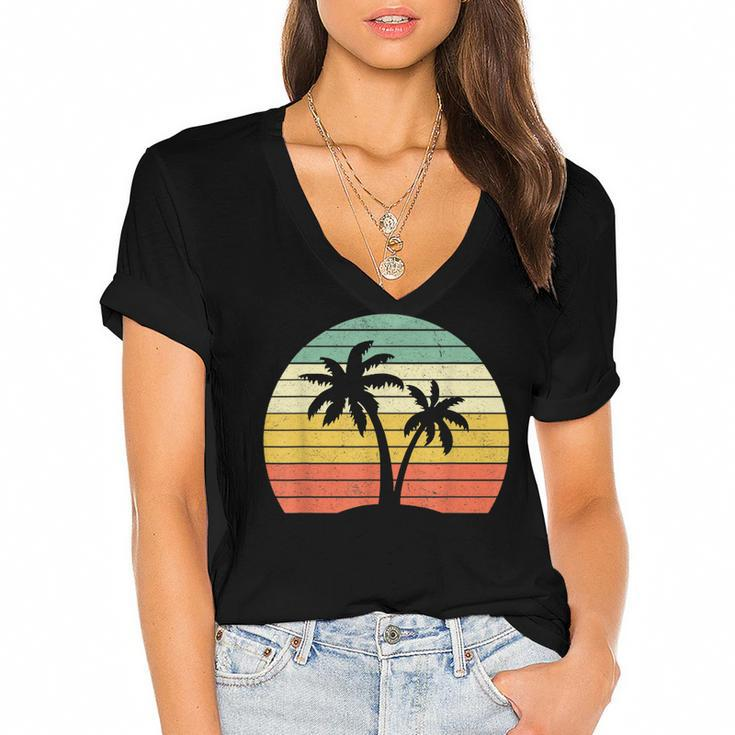 Palm Tree  Vintage Retro Style Tropical Beach  Women's Jersey Short Sleeve Deep V-Neck Tshirt