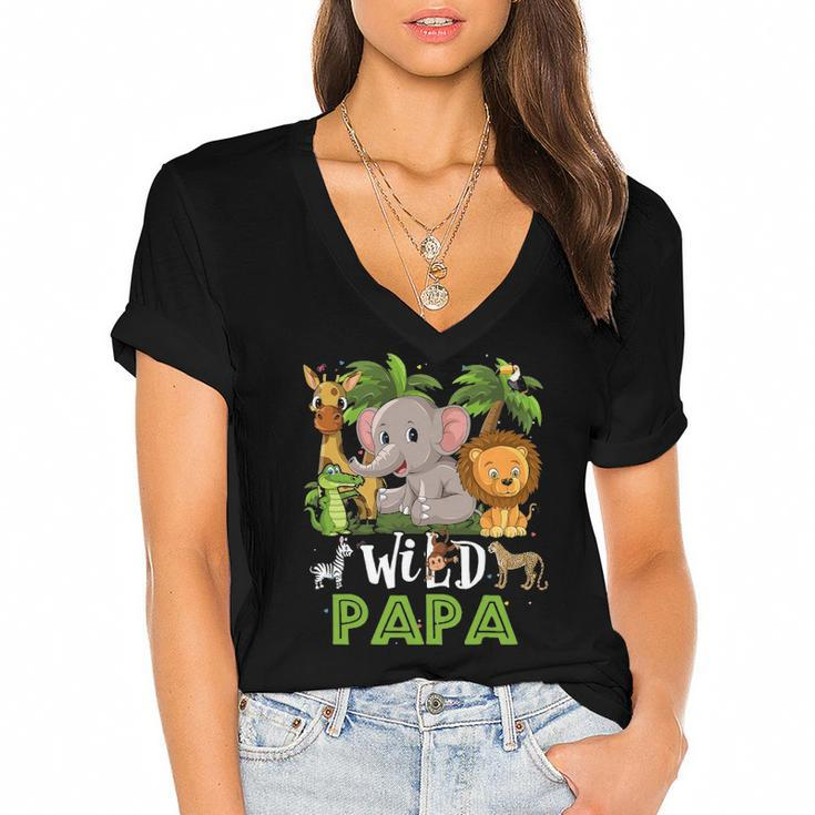Papa Of The Wild Zoo Birthday Safari Jungle Animal Funny Women's Jersey Short Sleeve Deep V-Neck Tshirt