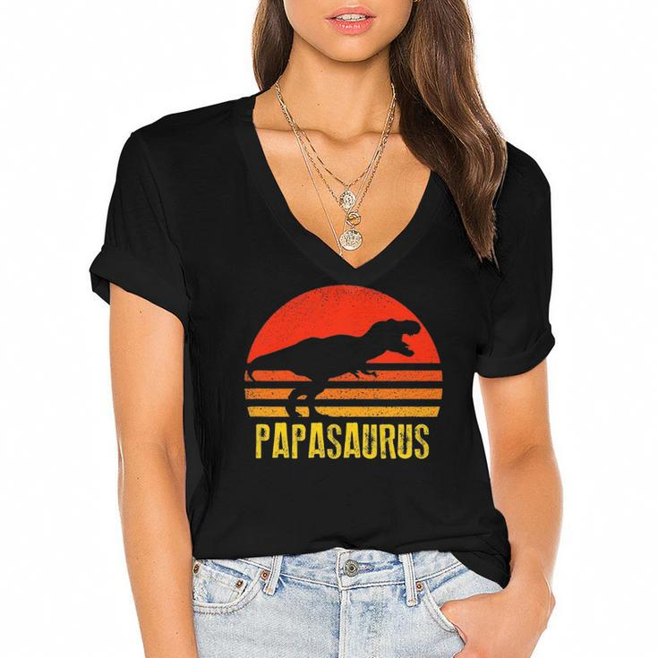 Papasaurus  Retro Vintage Sunset Dinosaur Gift Women's Jersey Short Sleeve Deep V-Neck Tshirt