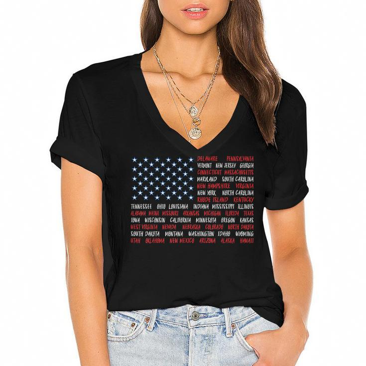 Patriotic July 4Th Usa American Flag All 50 State Names  Women's Jersey Short Sleeve Deep V-Neck Tshirt