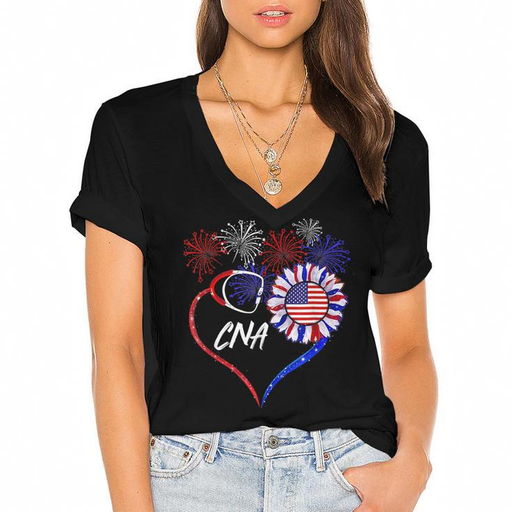 Patriotic Nurse Cna 4Th Of July American Flag Sunflower Love  V2 Women's Jersey Short Sleeve Deep V-Neck Tshirt
