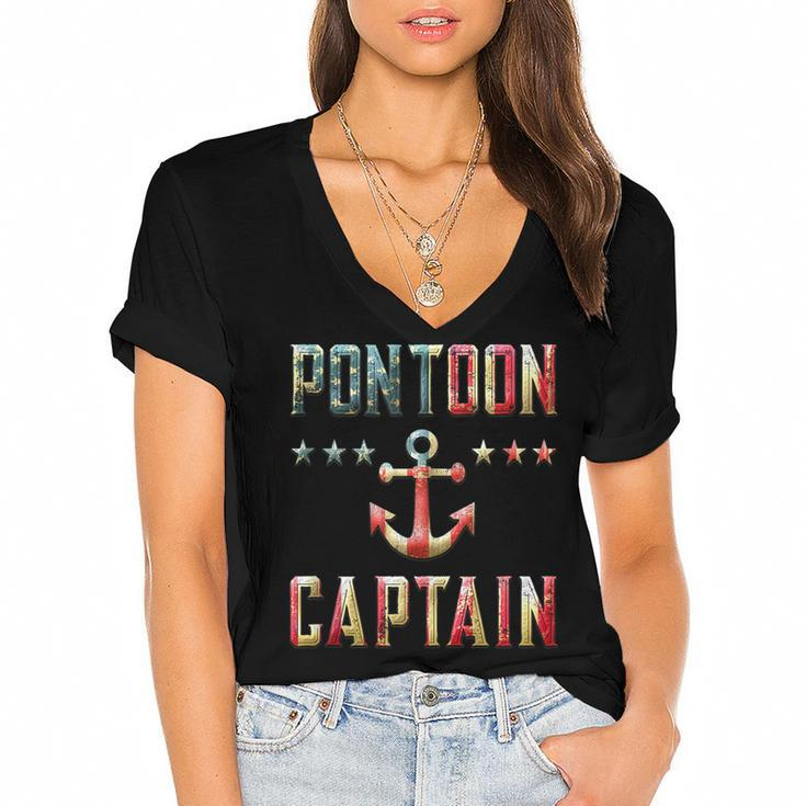 Patriotic Pontoon Captain Vintage Us Flag July 4Th Boating  Women's Jersey Short Sleeve Deep V-Neck Tshirt