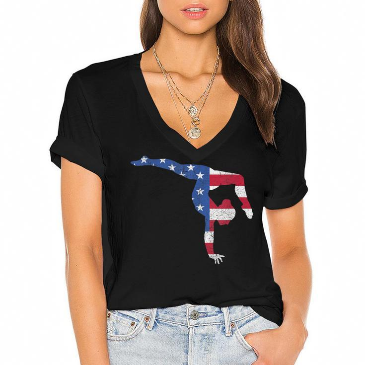 Patriotic Sports Gift American Usa Flag Girls Gymnastics  V2 Women's Jersey Short Sleeve Deep V-Neck Tshirt