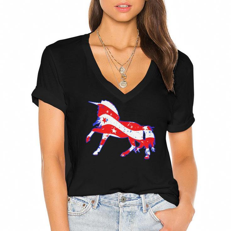 Patriotic Unicorn Funny Memorial Day And 4Th Of July Women's Jersey Short Sleeve Deep V-Neck Tshirt