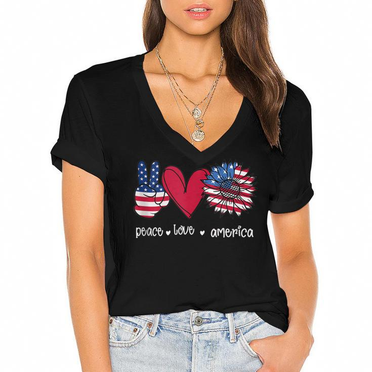 Peace Love America 4Th July Patriotic Sunflower Heart Sign  V2 Women's Jersey Short Sleeve Deep V-Neck Tshirt