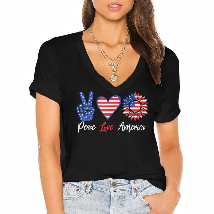 Peace Love America Funny 4Th Of July Sunflower  Women's Jersey Short Sleeve Deep V-Neck Tshirt