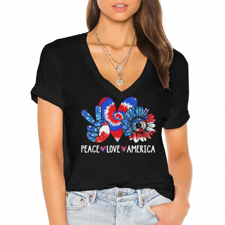 Peace Love America Sunflower Patriotic Tie Dye 4Th Of July  Women's Jersey Short Sleeve Deep V-Neck Tshirt
