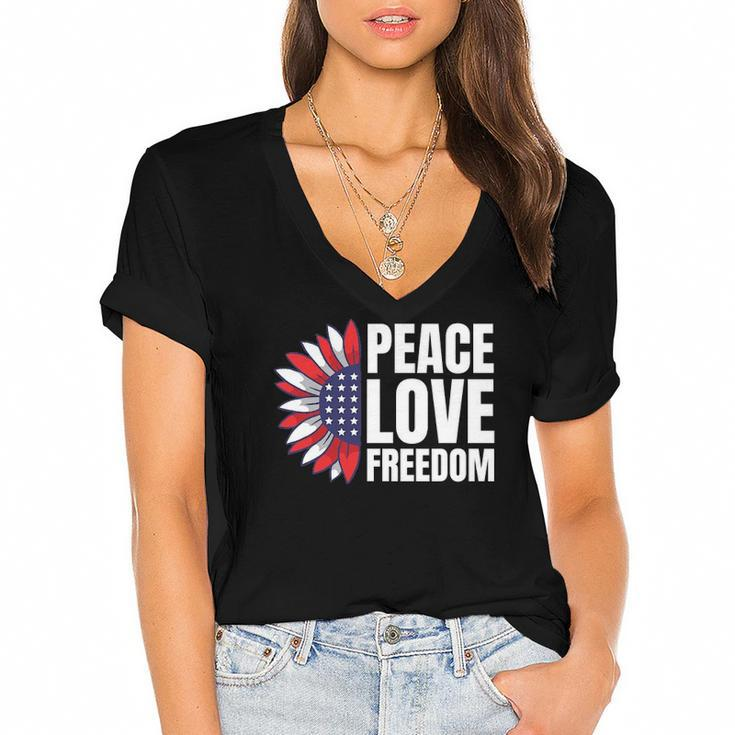 Peace Love Freedom America Usa Flag Sunflower Women's Jersey Short Sleeve Deep V-Neck Tshirt