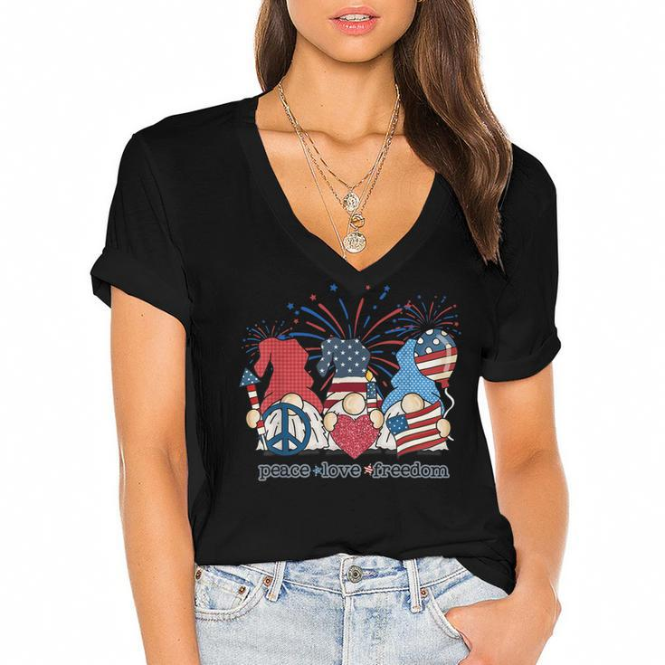Peace Love Freedom Fireworks Gnomes 4Th Of July America  Women's Jersey Short Sleeve Deep V-Neck Tshirt