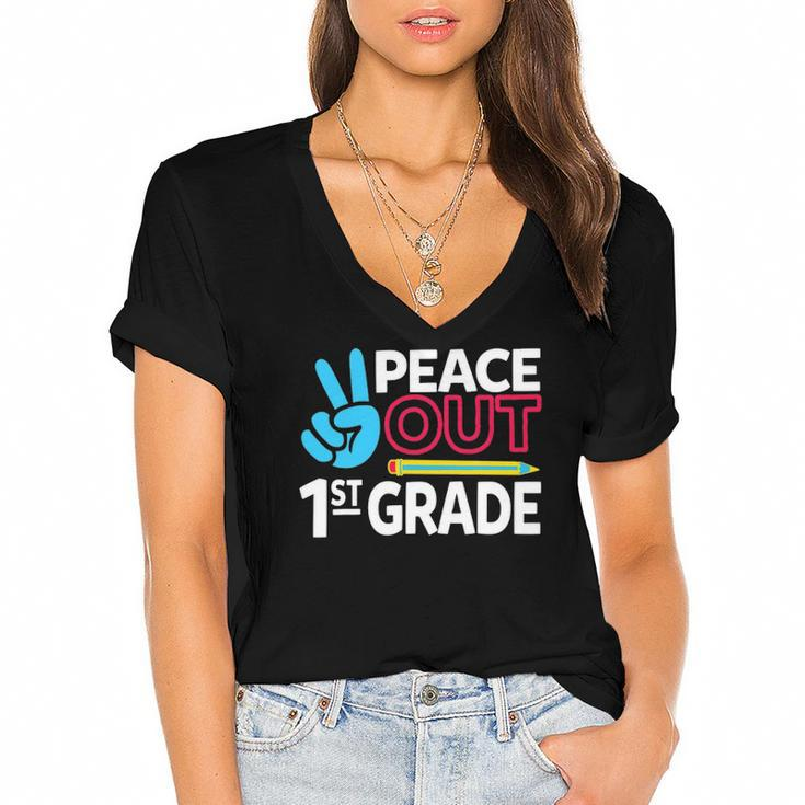 Peace Out 1St Grade Last Day Of School Teacher Girl Boy Women's Jersey Short Sleeve Deep V-Neck Tshirt