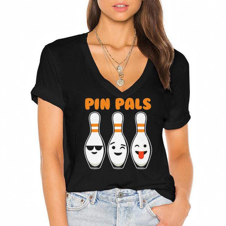 Pin Pals Cute Funny Bowling Women's Jersey Short Sleeve Deep V-Neck Tshirt