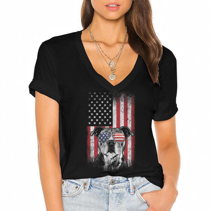Pitbull American Flag 4Th Of July Pitbull Dad Mom Dog Lover  V2 Women's Jersey Short Sleeve Deep V-Neck Tshirt