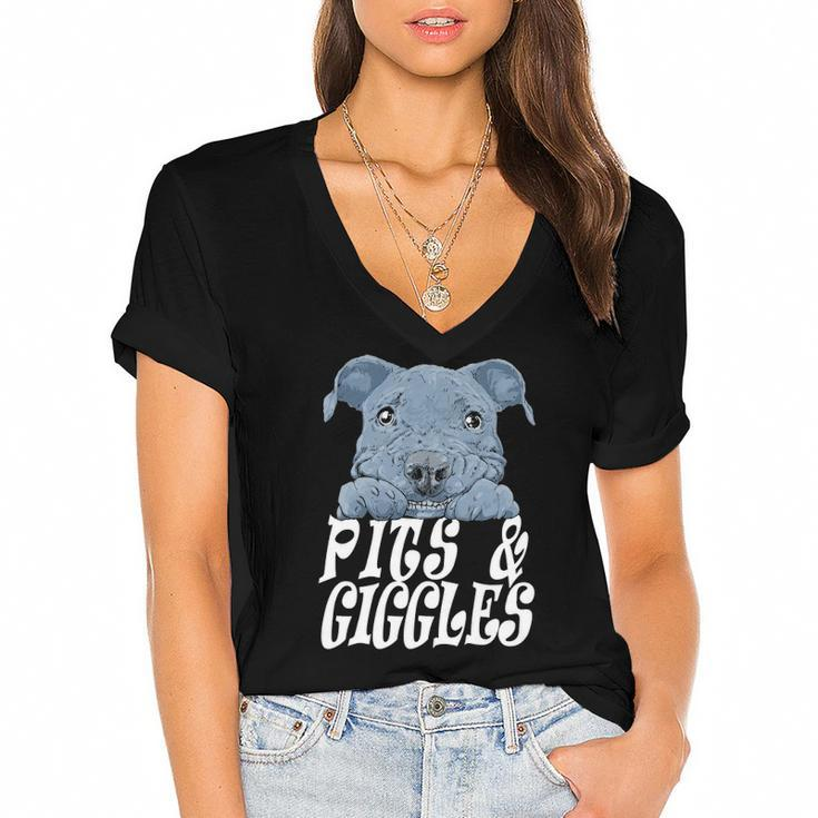 Pitbull Pibble Mom Dad Pits And Giggles Gift Women's Jersey Short Sleeve Deep V-Neck Tshirt