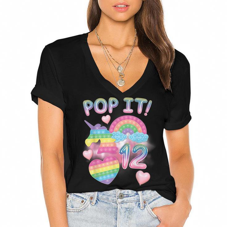 Pop It 12Th Birthday Girl 12 Year Old Unicorn Rainbow Fidget  Women's Jersey Short Sleeve Deep V-Neck Tshirt