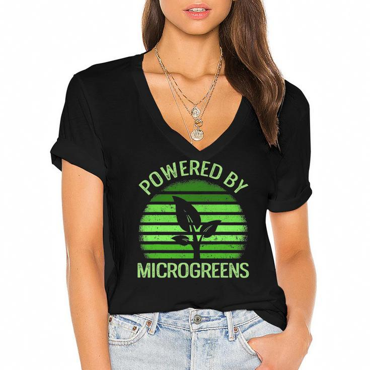 Powered By Microgreens Vegan Urban Farmers Gardening Women's Jersey Short Sleeve Deep V-Neck Tshirt