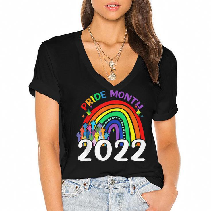 Pride Month 2022 Lgbt Rainbow Flag Gay Pride Ally  Women's Jersey Short Sleeve Deep V-Neck Tshirt
