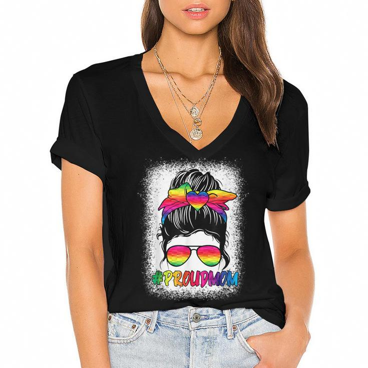 Proud Mom Messy Bun Rainbow Lgbt Mom Lgbt Gay Pride Lgbtq  V3 Women's Jersey Short Sleeve Deep V-Neck Tshirt