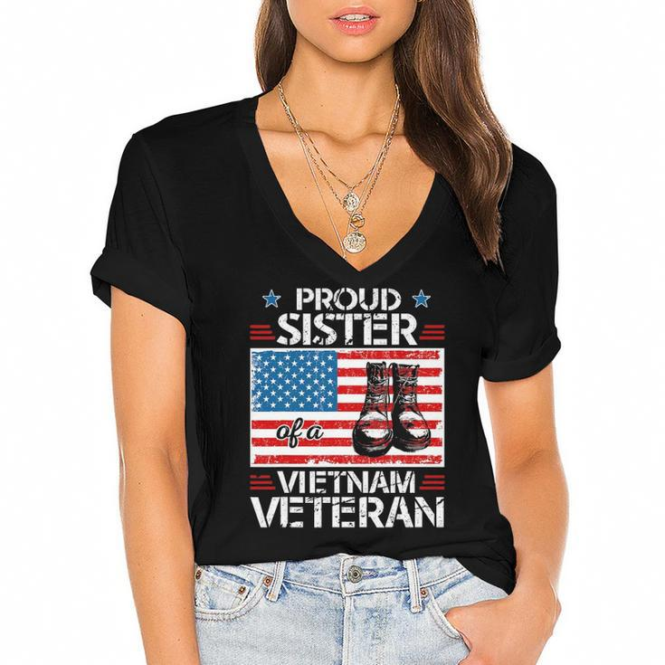 Proud Sister Of Vietnam Veteran Patriotic Usa Flag Military Women's Jersey Short Sleeve Deep V-Neck Tshirt
