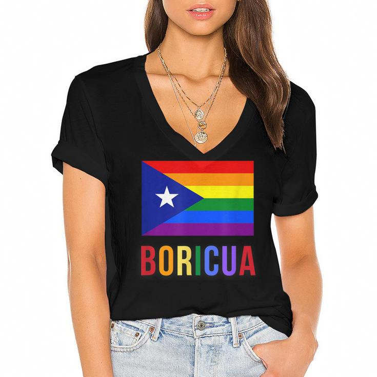 Puerto Rico Boricua Gay Pride Lgbt Rainbow Wepa  Women's Jersey Short Sleeve Deep V-Neck Tshirt