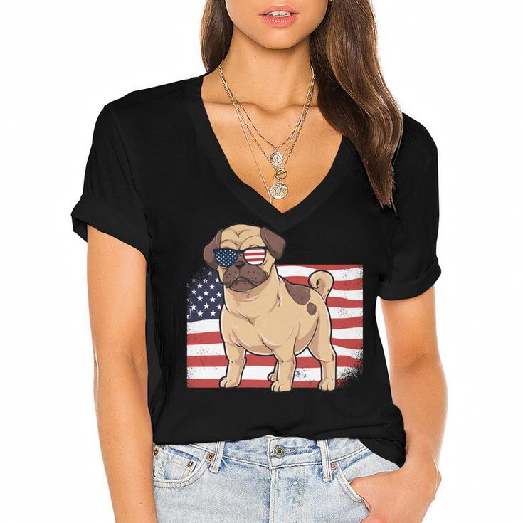 Pug Dad & Mom American Flag 4Th Of July Usa Funny Pug Lover   Women's Jersey Short Sleeve Deep V-Neck Tshirt