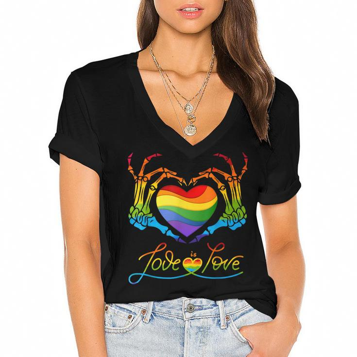 Rainbow Heart Skeleton Love Is Love Lgbt Gay Lesbian Pride  Women's Jersey Short Sleeve Deep V-Neck Tshirt